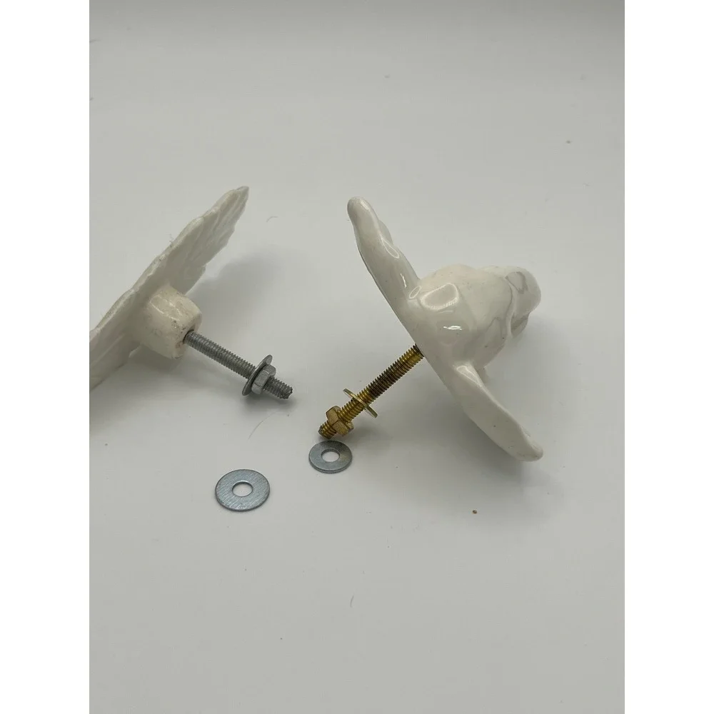 White Ceramic Elephant and Feather Drawer Pulls Set of 2 Cabinet Knobs Glossy
